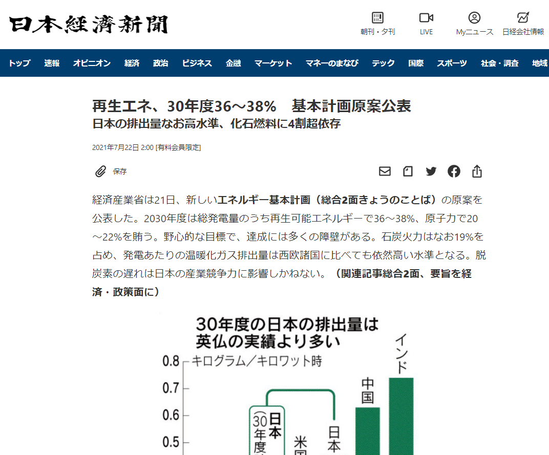 再生エネ、30年度36～38%　基本計画原案公表
